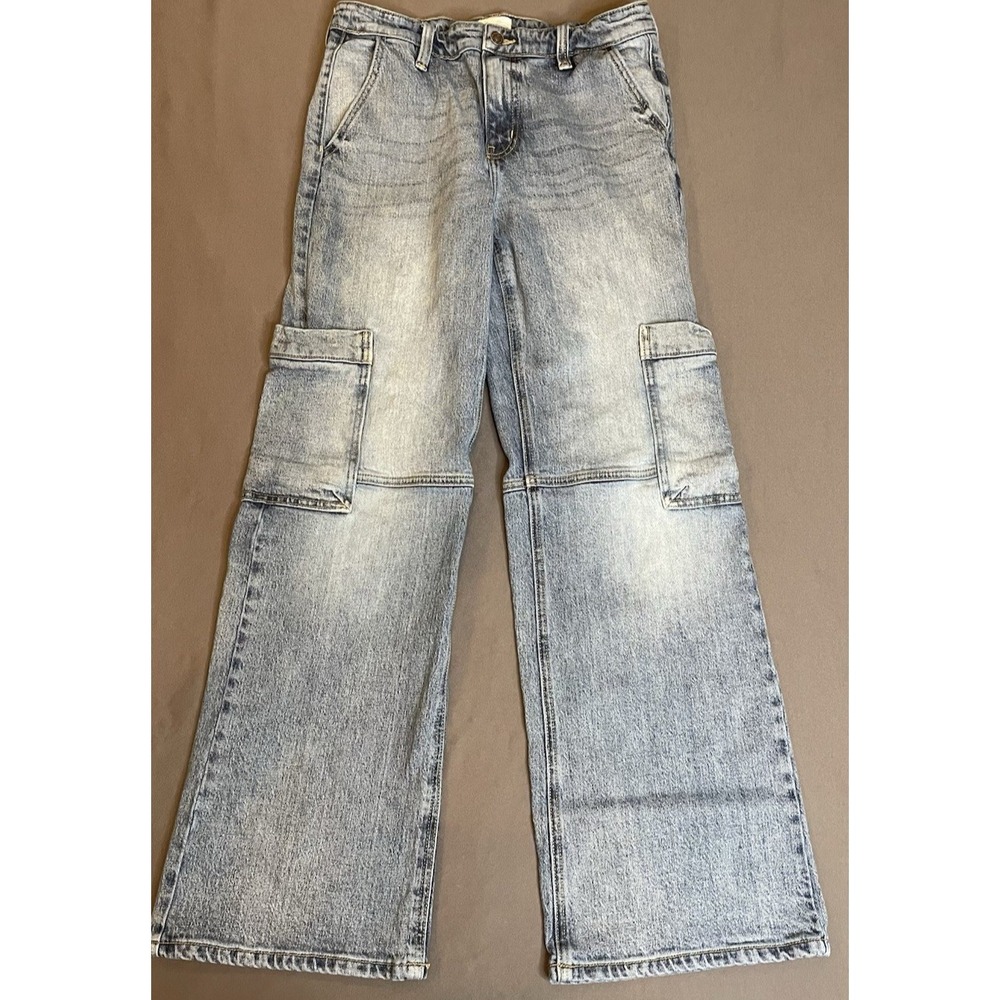 Kancan Jeans Womens 7/27 Blue Denim High Rise Wide Flare Leg Cargo Baggy